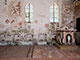 "Weihekreuze", fünf von zehn Objekten, ein originales Weihekreuz der Landower Kirche ganz links, Nordwand des Kirchenschiffs, 2018 (Foto: J. Weyers)